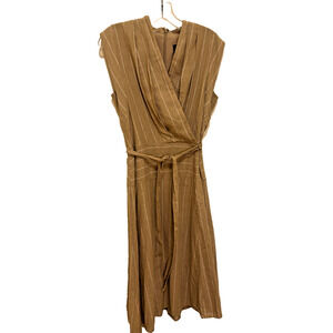 DKNY NWT $179 Khaki Beige Striped Belted Waist Linen Blend Midi Dress Size 2